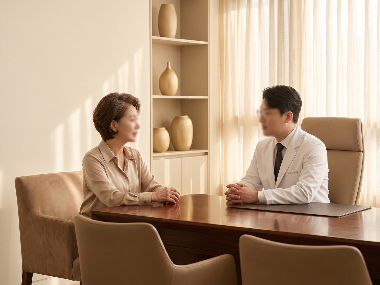 서래성형외과 진료실에서 대표원장이 환자와 상담하는 컨셉 이미지
