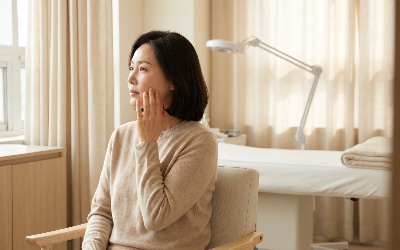 반복 시술 후 상담을 고민하는 여성 컨셉 이미지